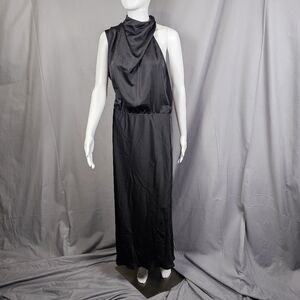 PrettyGarden Women's Black Satin Dress, Asymmetrical Sleeveless, Size Large‎